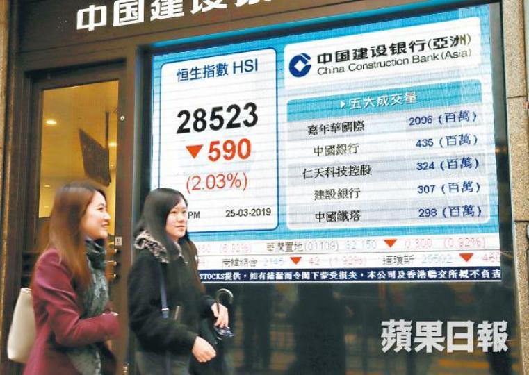 港股昨跌590點,收報28523點。譚德潤攝 港股昨跌590點,收報28523點。譚德潤攝