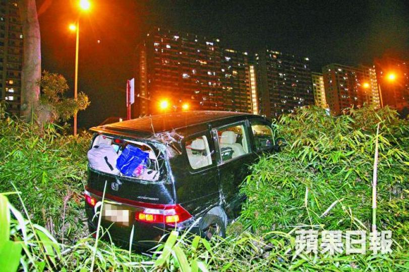 七人車撞車後失控鏟落草叢斜坡。肇事寶馬車頭損毀。鄭文輝攝 七人車撞車後失控鏟落草叢斜坡。肇事寶馬車頭損毀。鄭文輝攝