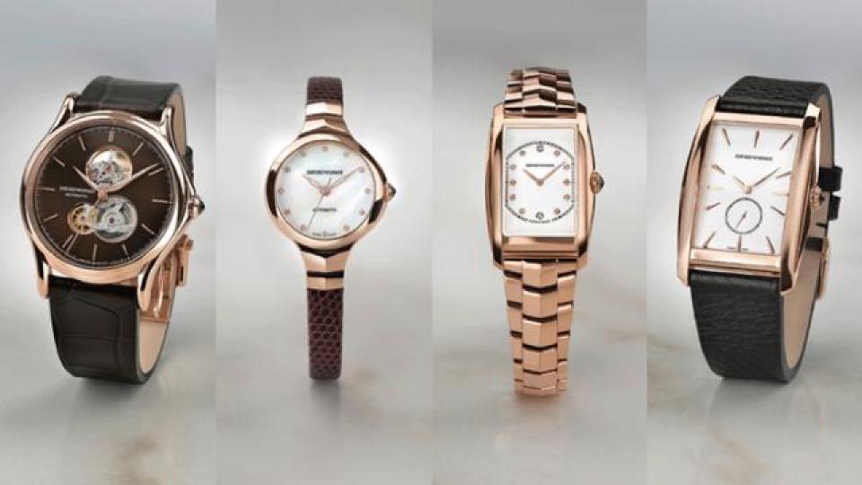 融合瑞士傳統製錶工藝的Emporio Armani Swiss Made腕錶系列，今季新作取材自Art Deco，Modern Retrò 系列便充份展現出這種懷舊美學。（左起）Modern Retrò 系列男裝及女裝腕錶。（左起）Classic 系列可見式平衡擺輪自動腕錶及Fluid Deco系列自動腕錶。