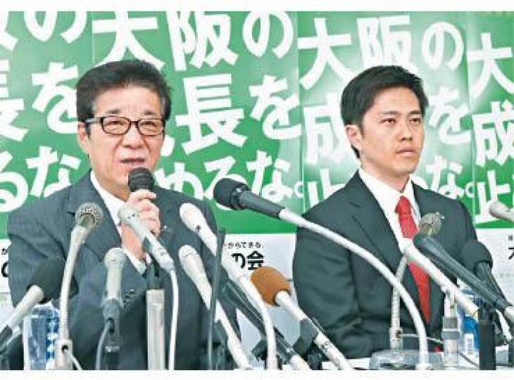 松井一郎(左)及吉村洋文(右)當選大阪市長及府知事。 松井一郎(左)及吉村洋文(右)當選大阪市長及府知事。