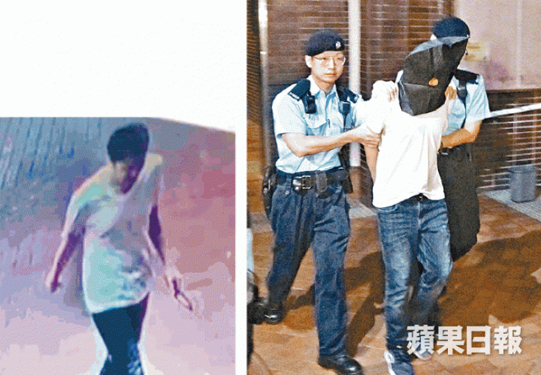 一名白衣持刀男在港大校園形迹可疑(左圖),警方接報到場搜索將其拘捕。鄭大康攝 一名白衣持刀男在港大校園形迹可疑(左圖),警方接報到場搜索將其拘捕。鄭大康攝