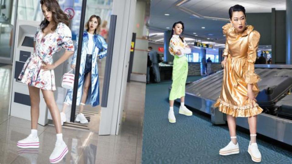 模特兒Angie Ng（左）和時尚博客Jenny Tsang（右）。時尚博客及造型師Faye Tsui即使去旅行，都要打扮得fashionable。Hogan H449 neon sneakers HKD4,300(L) Maxi Active Multi Neon Sneakers HKD4,600、(M) Maxi Active Neon Yellow Sneakers HKD4,600、(R) Maxi Active Neon Pink Sneakers HKD4,600Hogan neo