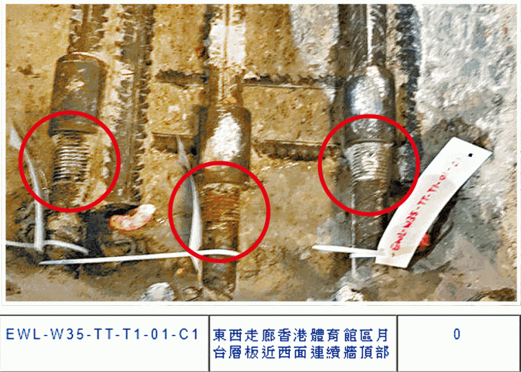 紅磡站東西走廊香港體育館區月台層板一幅連續牆現場相片顯示,鑿開石屎後三支鋼筋樣本一端至少有10圈扭紋外露(紅圈示),與路政署公佈為0圈(下圖)不符。倪學仁重申港鐵和政府應直接扭開螺絲帽檢查鋼筋。資料圖片 紅磡站東西走廊香港體育館區月台層板一幅連續牆現場相片顯示,鑿開石屎後三支鋼筋樣本一端至少有10圈扭紋外露(紅圈示),與路政署公佈為0圈(下圖)不符。倪學仁重申港鐵和政府應直接扭開螺絲帽檢查鋼筋。資料圖片