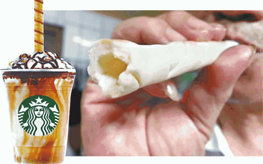 台男展示他發明的可食用飲管,指Starbucks飲品(左圖)侵權。 台男展示他發明的可食用飲管,指Starbucks飲品(左圖)侵權。