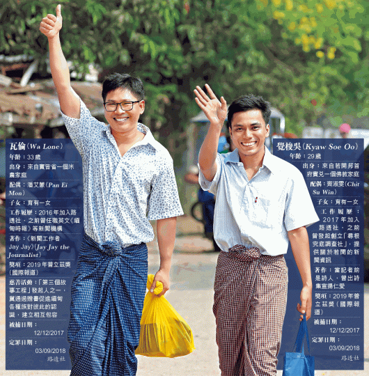 瓦倫(左)和覺梭吳獲釋後準備步出永盛監獄大閘,興奮豎起拇指和揮手。路透社前年的鎮壓令76萬羅興亞人出走孟加拉成難民。路透社 瓦倫(左)和覺梭吳獲釋後準備步出永盛監獄大閘,興奮豎起拇指和揮手。路透社前年的鎮壓令76萬羅興亞人出走孟加拉成難民。路透社