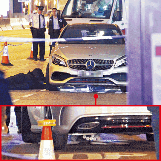 警方封鎖現場,派人在平治私家車底搜尋跌出警車的催淚彈(下圖)。同款手擲催淚彈 警方封鎖現場,派人在平治私家車底搜尋跌出警車的催淚彈(下圖)。同款手擲催淚彈