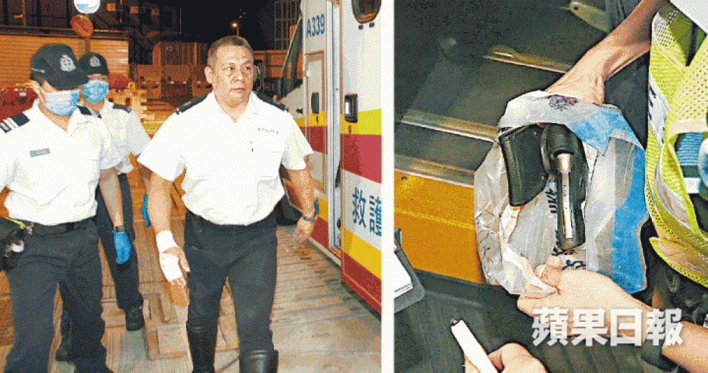 追捕通緝犯時連開三槍的警署警長受傷送院,佩槍事後被撿走調查(右圖)。黃江奇攝 追捕通緝犯時連開三槍的警署警長受傷送院,佩槍事後被撿走調查(右圖)。黃江奇攝