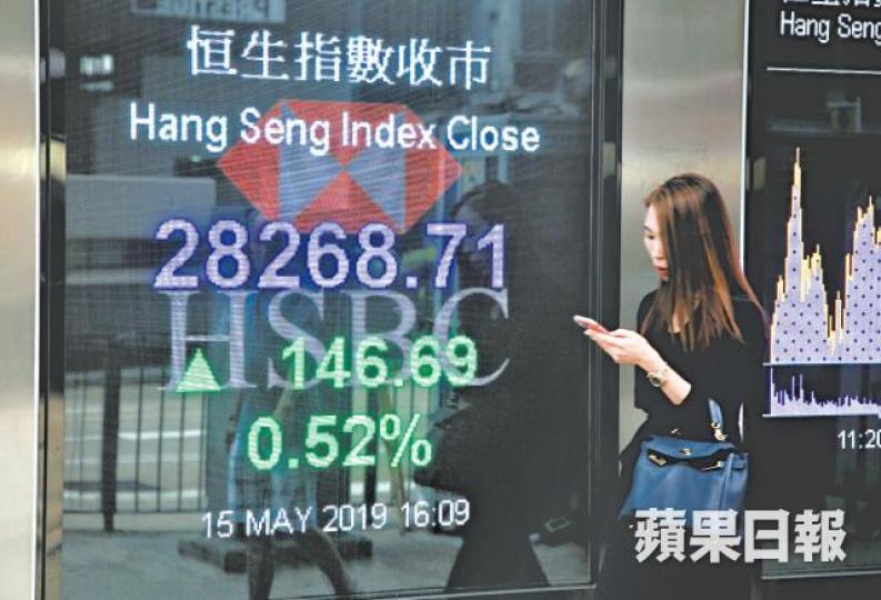 憧憬中美貿易戰有轉機,港股昨升146點。鄒潔珊攝 憧憬中美貿易戰有轉機,港股昨升146點。鄒潔珊攝