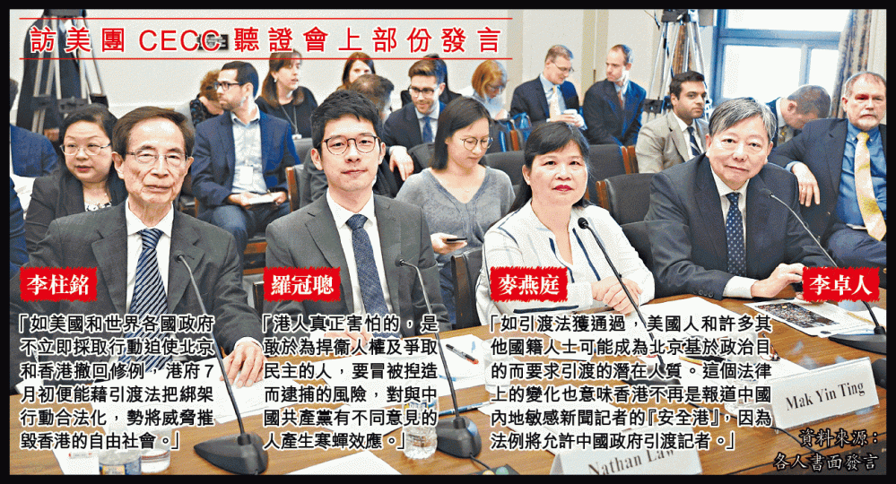 李柱銘、羅冠聰、麥燕庭及李卓人出席CECC舉辦的聽證會,闡述送中惡法對港影響。王心義攝 李柱銘、羅冠聰、麥燕庭及李卓人出席CECC舉辦的聽證會,闡述送中惡法對港影響。王心義攝