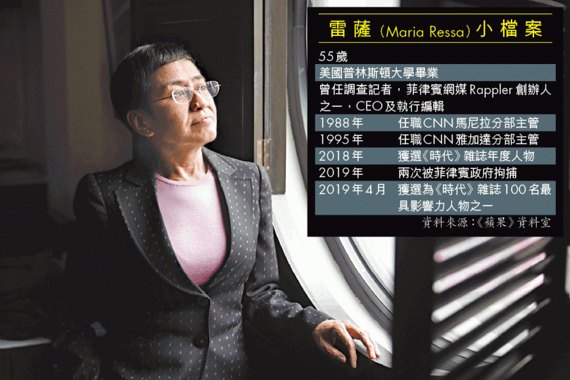 獲選《時代》雜誌2018年度風雲人物的菲律賓記者雷薩寄語,記者要與公眾團結一致,奮力爭取權益。遭當局打壓的雷薩今年內兩次被捕。上月13萬港人上街反送中,雷薩亦指修例是「製造弱點」。 獲選《時代》雜誌2018年度風雲人物的菲律賓記者雷薩寄語,記者要與公眾團結一致,奮力爭取權益。遭當局打壓的雷薩今年內兩次被捕。上月13萬港人上街反送中,雷薩亦指修例是「製造弱點」。