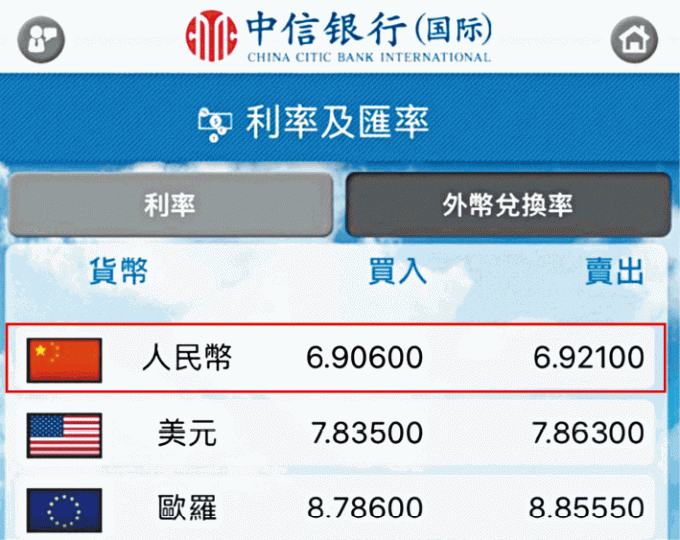 信銀電子平台現「烏龍盤」,每人幣賣出價6.921港元(紅框示)。網上截圖 信銀電子平台現「烏龍盤」,每人幣賣出價6.921港元(紅框示)。網上截圖