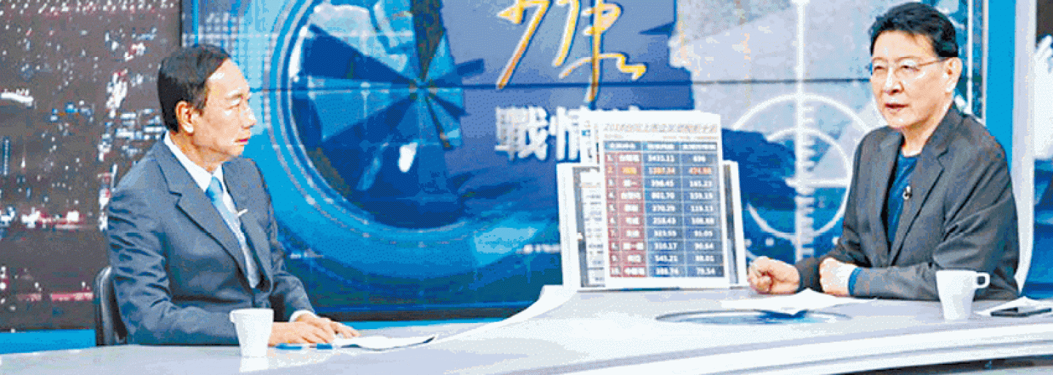 郭台銘(左)昨日接受電視台專訪。 郭台銘(左)昨日接受電視台專訪。