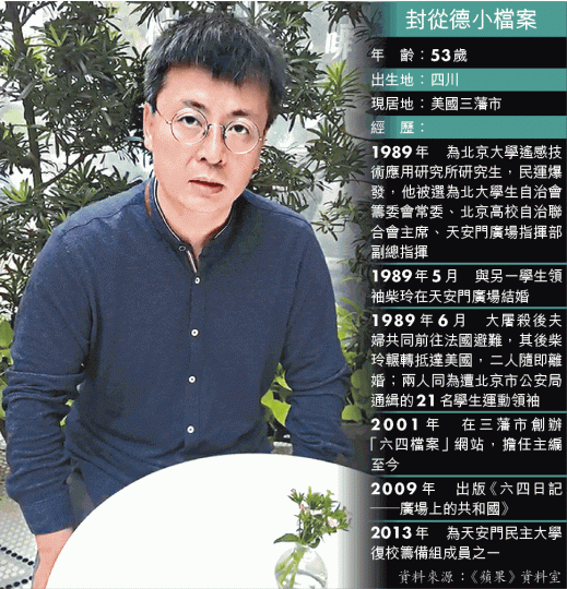 封從德八九民運期間擔任天安門廣場指揮部副總指揮。《六四日記》六四燭光集會多年來體現港人團結的決心。資料圖片 封從德八九民運期間擔任天安門廣場指揮部副總指揮。《六四日記》六四燭光集會多年來體現港人團結的決心。資料圖片