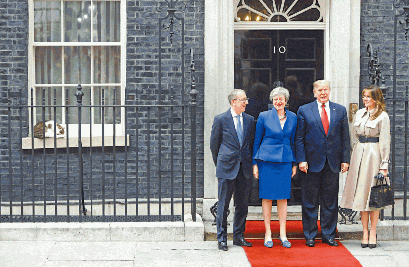 特朗普夫婦到訪唐寧街首相府,文翠珊跟丈夫在門外迎接。首相府內的貓咪則在窗戶旁睡覺。美聯社 特朗普夫婦到訪唐寧街首相府,文翠珊跟丈夫在門外迎接。首相府內的貓咪則在窗戶旁睡覺。美聯社
