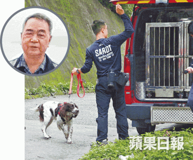 搜索犬Jack在鷹巢山教育徑尋獲黃錦文(圓圖)遺體。梁澤岡攝 搜索犬Jack在鷹巢山教育徑尋獲黃錦文(圓圖)遺體。梁澤岡攝