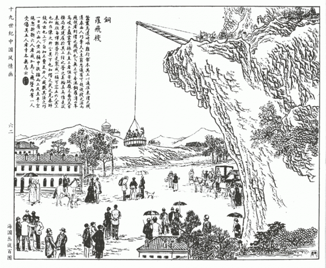 清末畫家吳友如畫冊中的「銅羅飛棧」,被指是太古吊車系統,但至今未有確切說法。 清末畫家吳友如畫冊中的「銅羅飛棧」,被指是太古吊車系統,但至今未有確切說法。